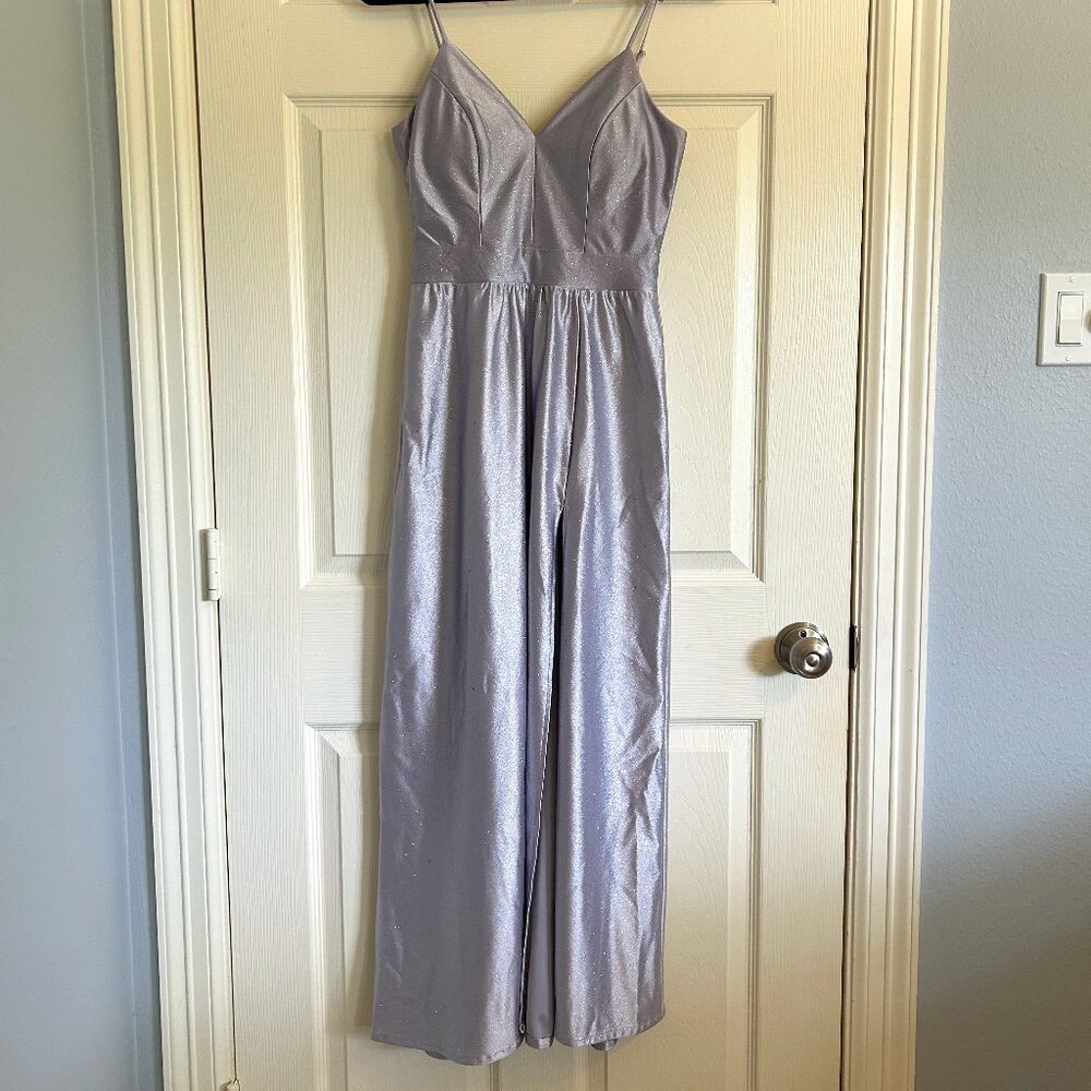 Windsor Glitter Lavender Satin Gown | A-Line High Slit & Hidden Pockets – Size 1